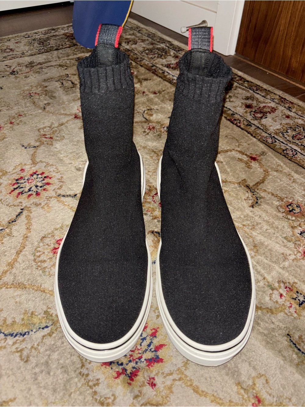 Givenchy Black Knit Slip-On Sock Sneakers with White Sole and Red Pull Tabs